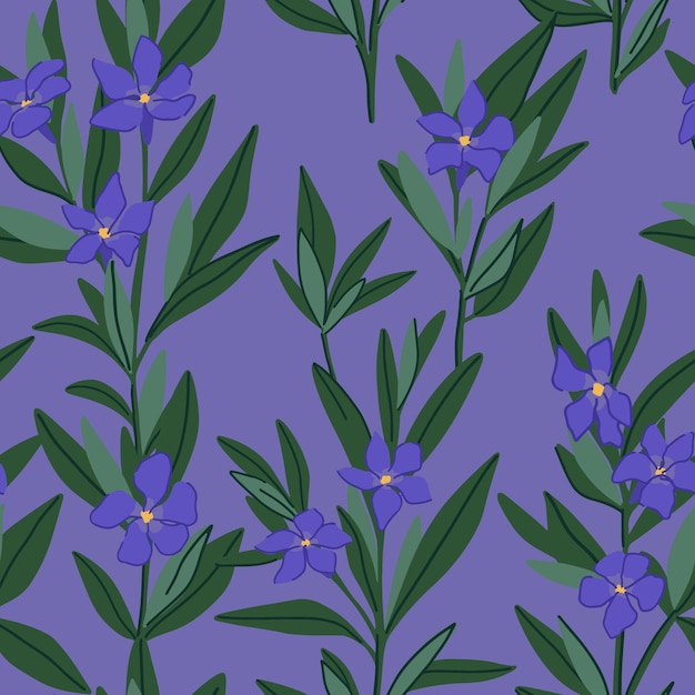 Plantas periwinkle patrón sin costura Ornamento vectorial de flores menores de Vinca Diseño botánico en estilo de dibujos animados