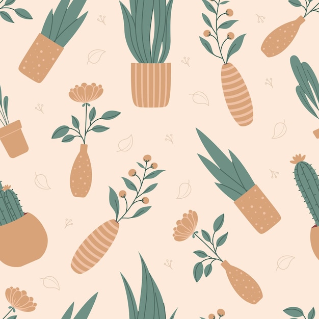 plantas, en, el, pote, seamless, patrón, plano de fondo, vector, ilustración