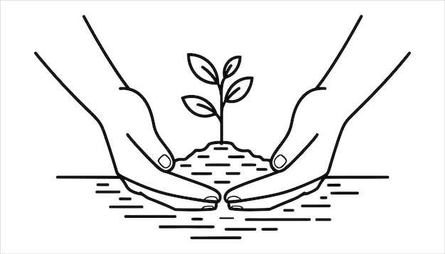 Plantas que crecen en manos Arte de línea Ilustración vectorial ecológica del cuidado de la sostenibilidad