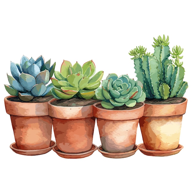 Las plantas suculentas de las ollas marrones serie de acuarelas
