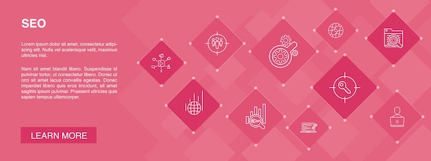 Plantilla de 10 pasos de infografía SEO. Motor de búsqueda, palabras clave objetivo, análisis web, seguimiento de SEO iconos simples