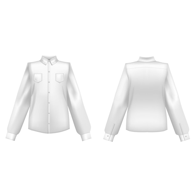 Vector plantilla 3d detallada realista camisas blancas en blanco lados delanteros y traseros vector