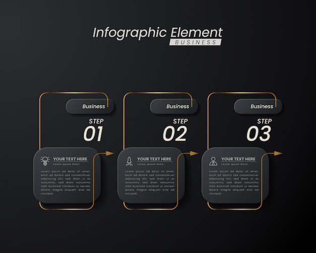 Plantilla 3d infografía elegante oro oscuro con pasos para el éxito. Presentación con iconos de elementos de línea.