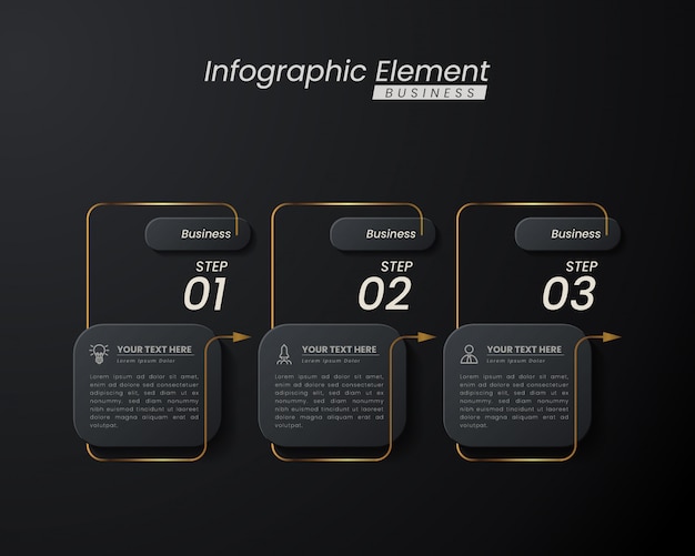 Plantilla 3d infografía elegante oro oscuro con pasos para el éxito. presentación con iconos de elementos de línea.