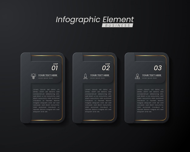 Vector plantilla 3d infografía elegante oro oscuro con pasos para el éxito. presentación con iconos de elementos de línea.