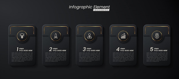 Vector plantilla 3d infografía elegante oro oscuro con pasos para el éxito. presentación con iconos de elementos de línea.