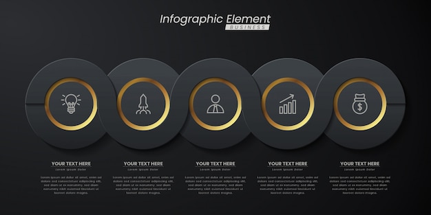 Plantilla 3d infografía elegante oro oscuro con pasos para el éxito. presentación con iconos de elementos de línea.