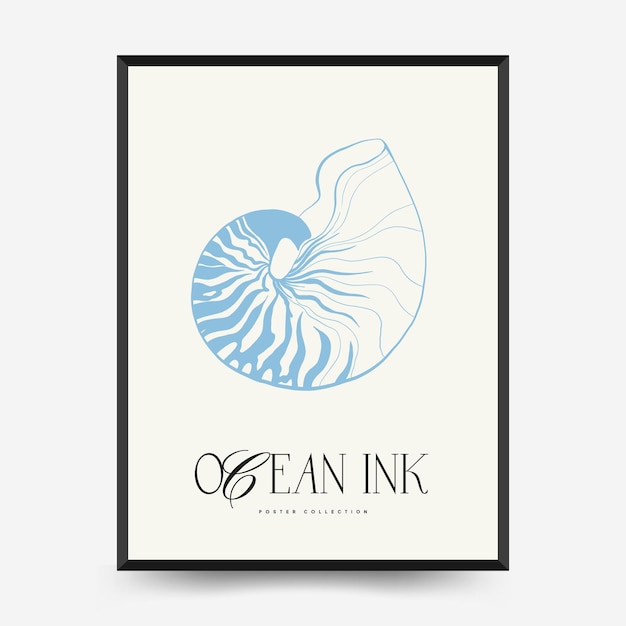 Plantilla abstracta de carteles de océano y mar. Mar moderno Botánico estilo negro de moda. algas de la vendimia