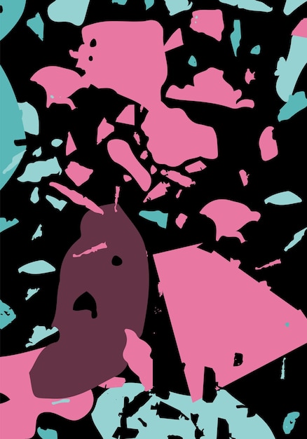 Plantilla abstracta moderna terrazo. Textura negra, verde y rosa del suelo italiano clásico. Fondo de piedras, granito, cuarzo, mármol, hormigón. Telón de fondo de vector de moda terrazo veneciano