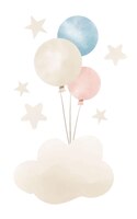 Vector plantilla de acuarela con nubes de globos y estrellas para tarjetas de felicitación de cumpleaños