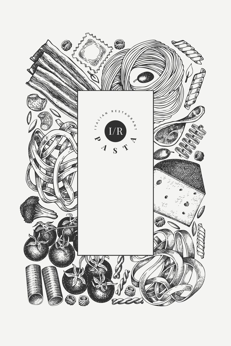 Vector plantilla de adiciones de pasta italiana. dibujado a mano ilustración de alimentos. estilo grabado. fondo de diferentes tipos de pasta vintage.