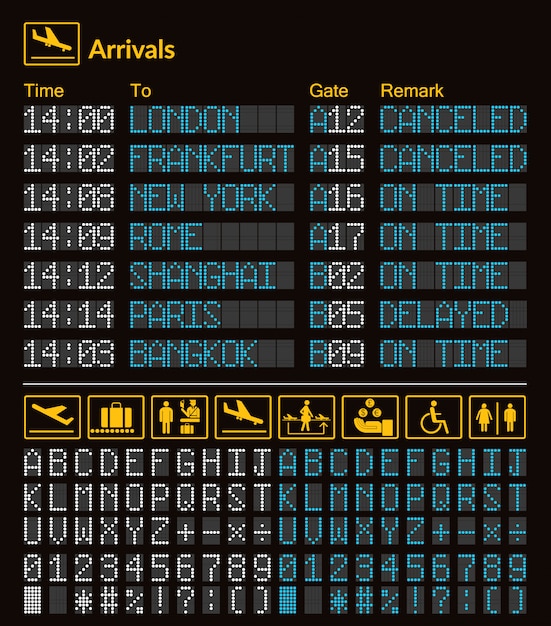 Vector plantilla de aeropuerto de tablero digital led realista con alfabeto y números