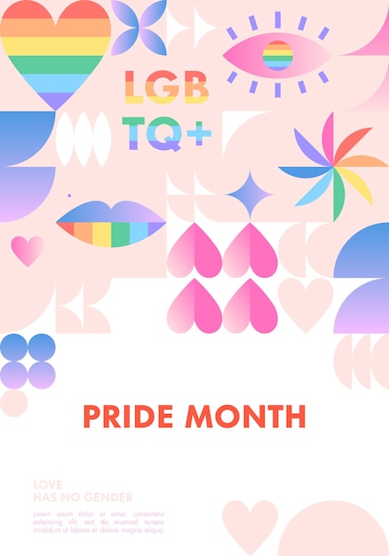 Plantilla de afiche del mes del orgulloDiseño vectorial de la comunidad LGBTQ en estilo bauhaus con elementos geométricos y símbolos lgbt del arco iris