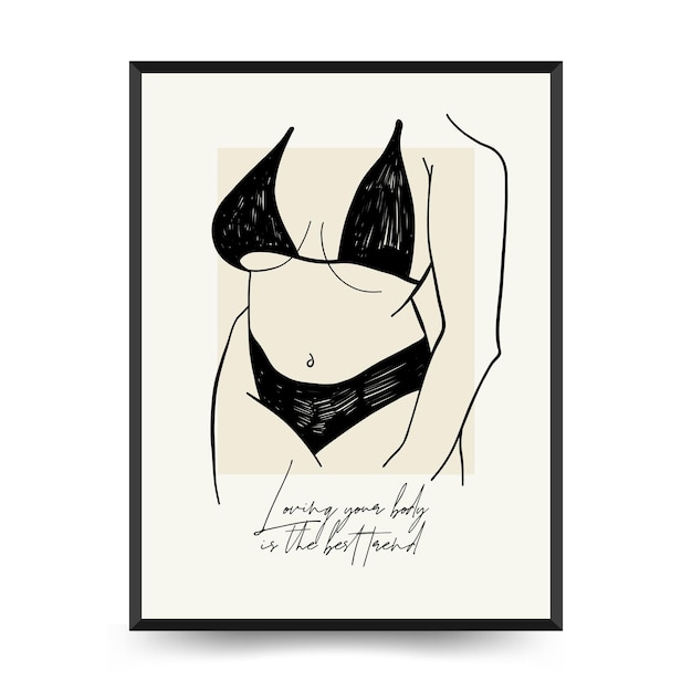 Vector plantilla de afiche positivo corporal feminista, arte de pared con figura femenina minimalista, amor a la propia figura