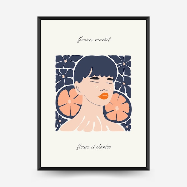 Plantilla de afiches florales y femeninos abstractos Moderno y moderno estilo minimalista Matisse Linda chica