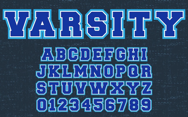 Vector plantilla de alfabeto de diseño varsity letras y números de estilo de ropa universitaria ilustración vectorial
