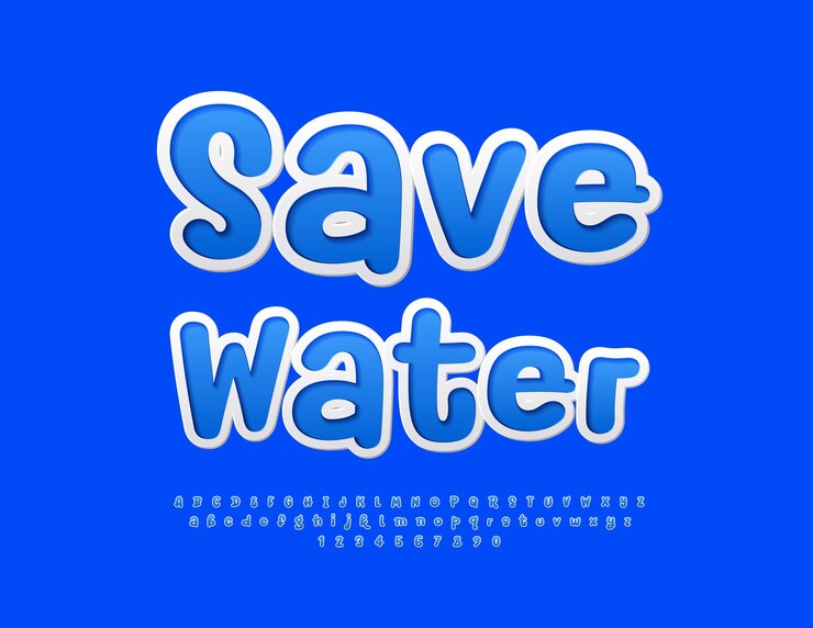Vector plantilla ambiental vectorial ahorrar agua fuente azul divertida pegatina alfabeto letras y números conjunto