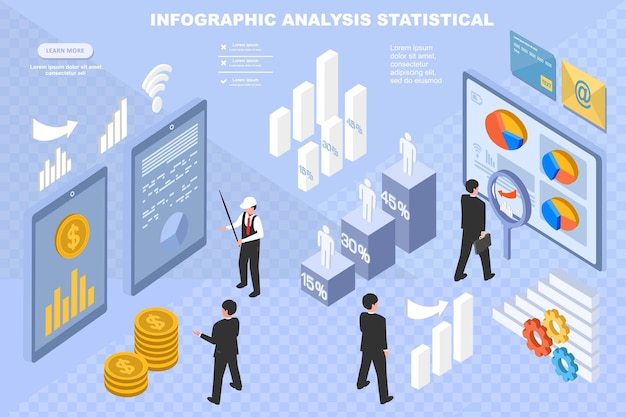 Plantilla de análisis de datos comerciales de infografía 3d gráficos y análisis de estadísticas con personas