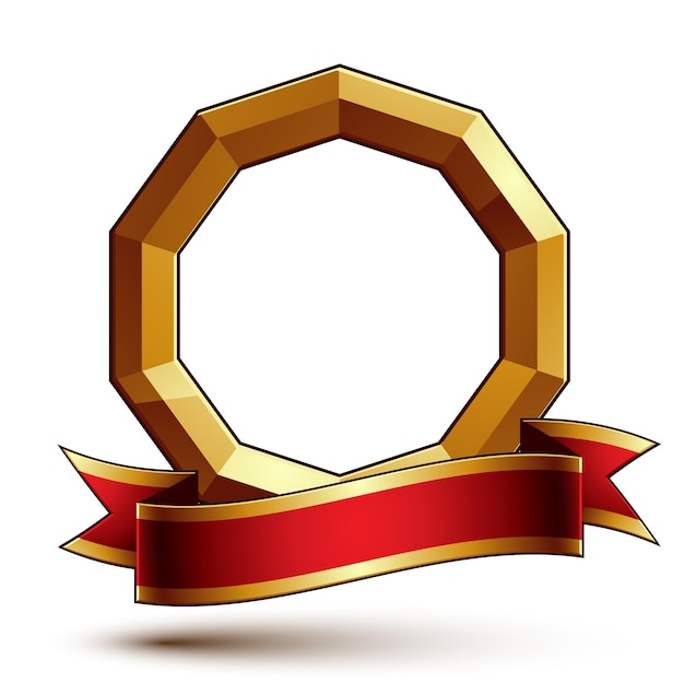 Plantilla de anillo de oro vectorial de diseño con cinta curva roja, placa aristocrática redonda 3d aislada en fondo blanco. Escudo sofisticado Eps8.