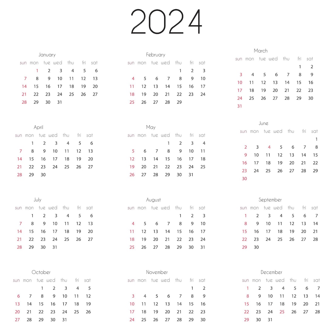 Plantilla de año calendario 2024 ilustración vectorial del calendario