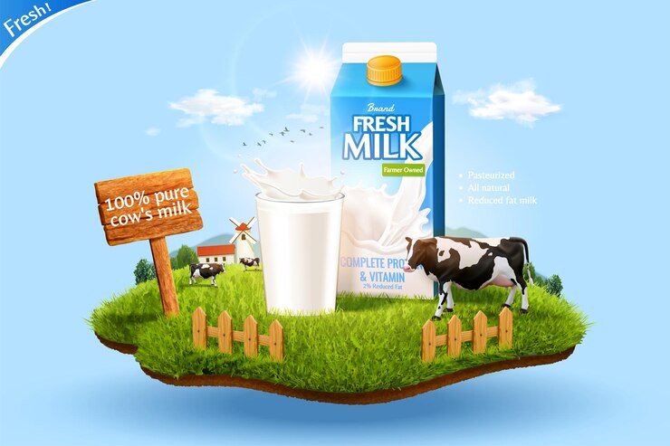 Vector plantilla de anuncio de leche fresca 3d