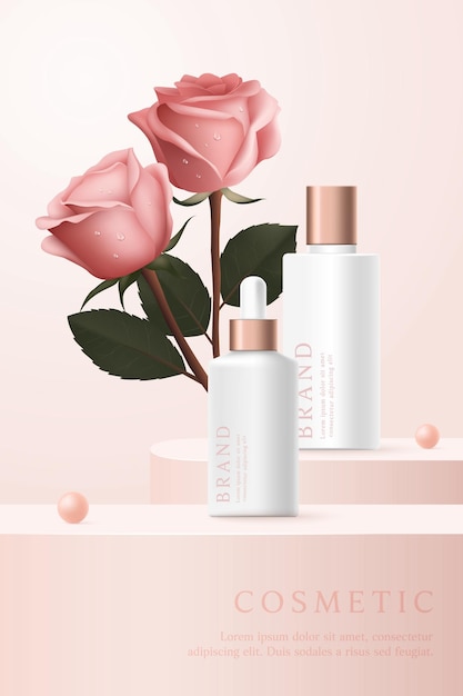 plantilla de anuncios de productos cosméticos en fondo rosa con rosa y perla