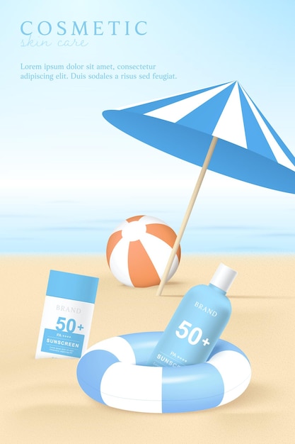 Plantilla de anuncios de productos de protección solar en el fondo de la playa con anillo de natación