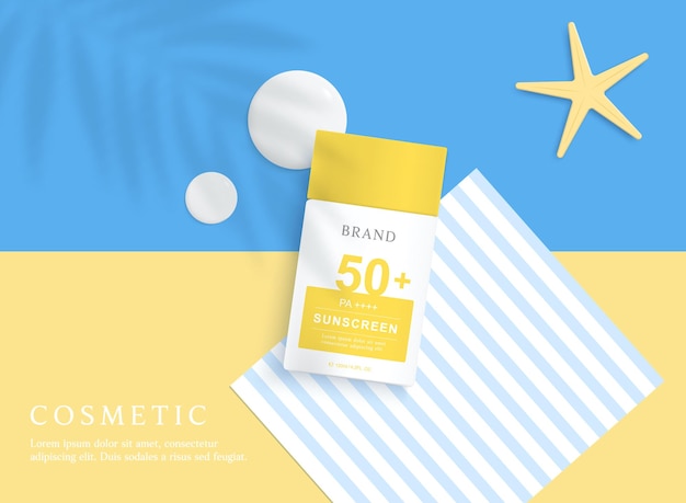 Vector plantilla de anuncios de productos de protección solar sobre fondo azul y amarillo