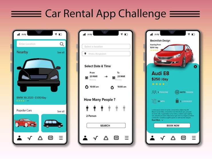 Vector plantilla de aplicación de alquiler de automóviles para compartir automóviles