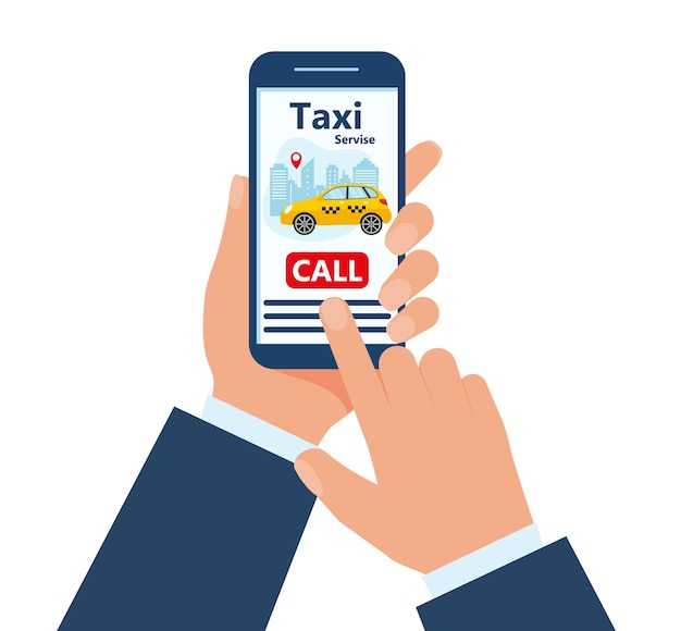 Plantilla de aplicación móvil de taxi. Smartphone con coche amarillo de la ciudad. Servicio de taxi de pedido de aplicación móvil en línea. Ilustración de vector de servicio de taxi