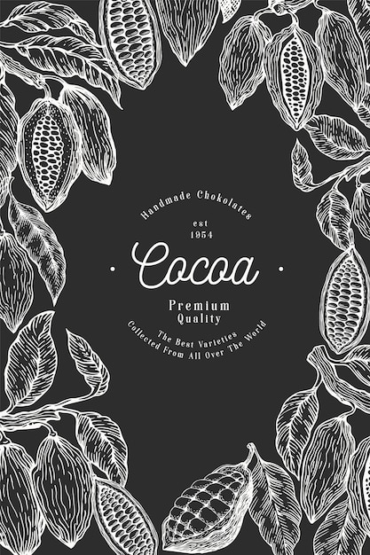 Plantilla de árbol de grano de cacao. fondo de granos de cacao chocolate. ilustración dibujada a mano en la pizarra. ilustración de estilo vintage