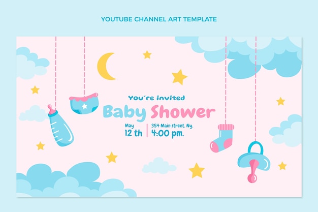 Plantilla de arte de canal de youtube de baby shower de diseño plano