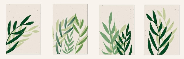Plantilla de arte de pared de follaje de estilo vintage Colección de hojas dibujadas a mano con acuarela verde
