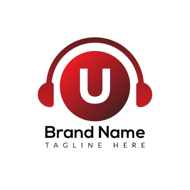 Plantilla de auriculares en letra U. Diseño de logotipo de música y podcast Concepto de auriculares
