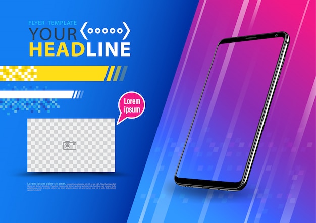 Plantilla azul con teléfono inteligente para la aplicación de tecnología.