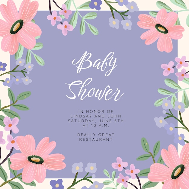 Vector plantilla de baby shower con marco floral lila y rosa