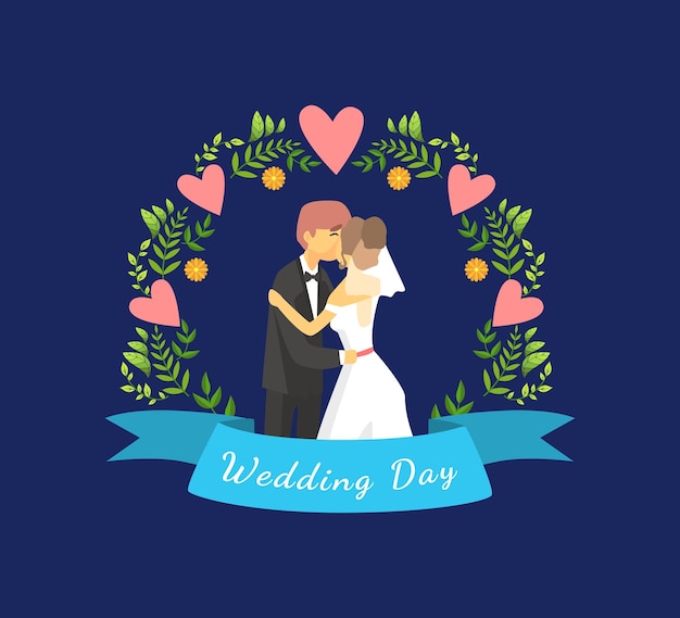 Vector plantilla de bandera del día de la boda con pareja de recién casados recién casados felices novia y novio de pie contra arco floral ilustración vectorial diseño web