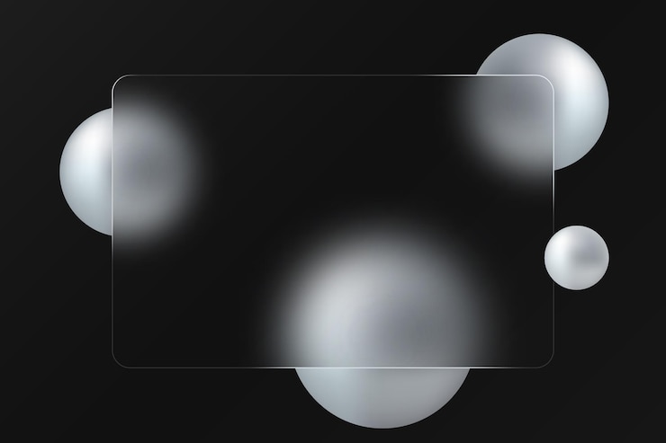 Vector plantilla de bandera de estilo morfismo de vidrio bandera rectangular transparente con efecto borroso y esferas plateadas