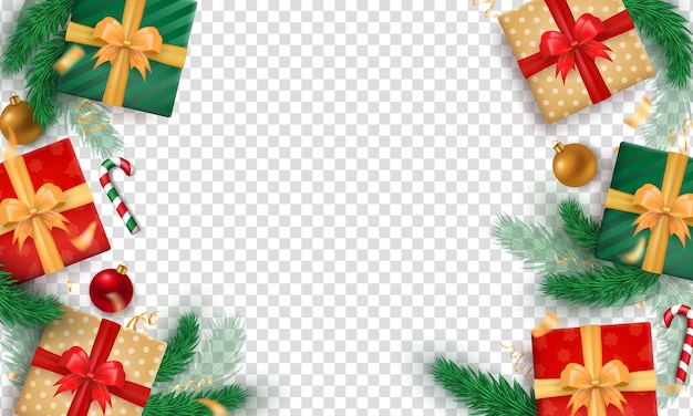 plantilla de bandera con regalos 3D realistas y decoraciones navideñas aisladas en un fondo transparente