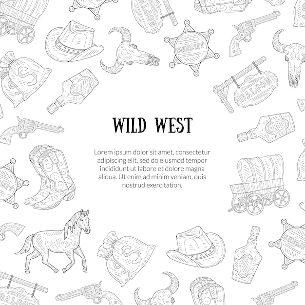 plantilla de bandera salvaje del oeste con lugar para texto vaquero del oeste símbolos dibujados a mano patrón monocromo ilustración vectorial diseño web