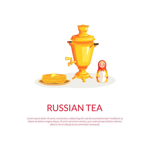 Vector plantilla de bandera de té rusa con lugar para texto y símbolos de la cultura rusa samovar matryoshka panqueques ilustración vectorial colorida