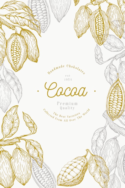 Plantilla de banner de árbol de grano de cacao. granos de chocolate y cacao. ilustración dibujada a mano. ilustración de estilo vintage