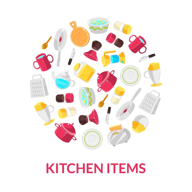 Plantilla de banner de artículos de cocina con ilustración vectorial de utensilios de cocina