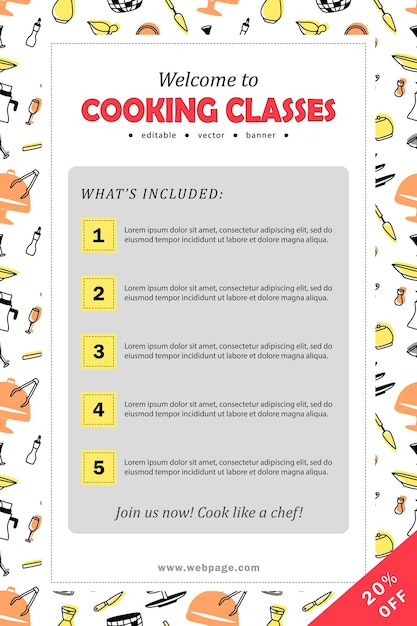 Vector plantilla de banner: ¡bienvenido a las clases de cocina! folleto a4 con información sobre cursos de cocina.