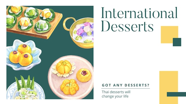 Plantilla de banner de blog con concepto de postre tailandés estilo acuarela
