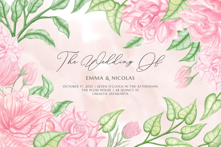 Plantilla de banner de boda floral con flores y hojas de rosas rosadas