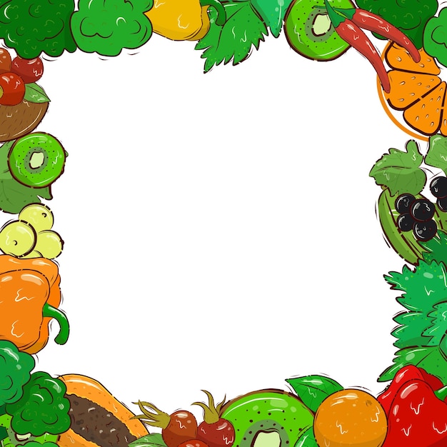 Plantilla de banner brillante con verduras, frutas y bayas. Vitamina C. Orgánica. Tarjeta postal. El marco. Espacio para el texto. Ilustración de stock. Vector