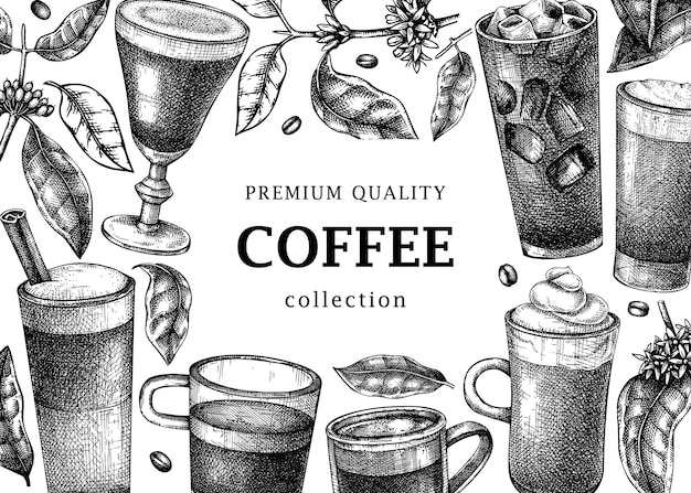 Plantilla de banner de café a mano Bocetos vectoriales de tazas con bebidas aromáticas con cafeína