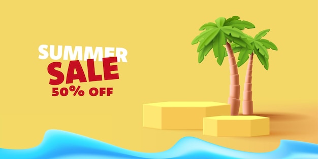 Plantilla de banner de cartel de venta de verano con ilustración 3d de podio de hexágono y palmeras sobre fondo de arena amarilla con ola oceánica