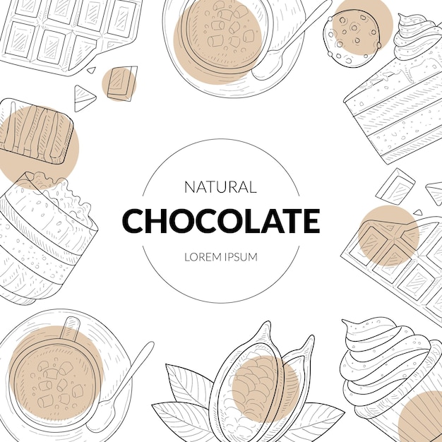 Vector plantilla de banner de chocolate natural con postres de chocolate dibujados a mano y lugar para el texto